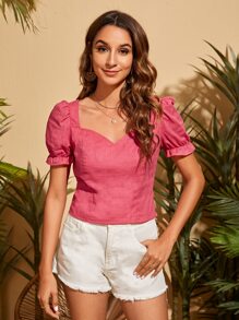 SHEIN Zip Detail Milkmaid Top - Hot Pink - View 1