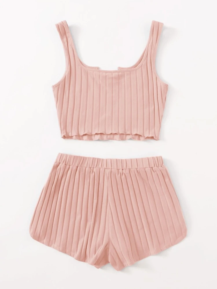 Notch Neck Rib-knit Tank Top & Shorts Set