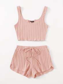 SHEIN EZwear 缺口領羅紋針織背心上衣和短褲套裝