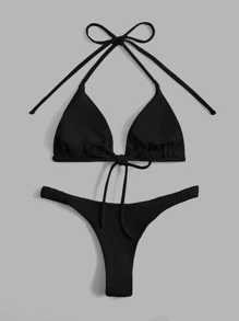 Swim Vcay Summer Beach Solid Bikini Set Halter Triangle Bra & Thong 2 Piece Bathing Suit - Black - View 2