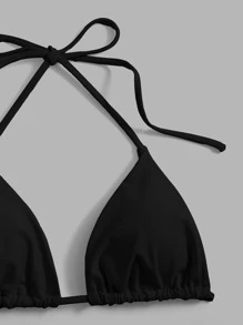 Swim Vcay Summer Beach Solid Bikini Set Halter Triangle Bra & Thong 2 Piece Bathing Suit - Black - View 3