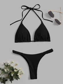 Swim Vcay Summer Beach Solid Bikini Set Halter Triangle Bra & Thong 2 Piece Bathing Suit - Black - View 4