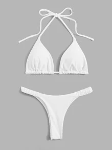 Swim Basics Summer Beach Solid Bikini Set Halter Triangle Bra & Thong 2 Piece Bathing Suit - White - View 1