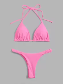Swim Mod Summer Beach Solid Bikini Set Halter Triangle Bra & Thong 2 Piece Bathing Suit