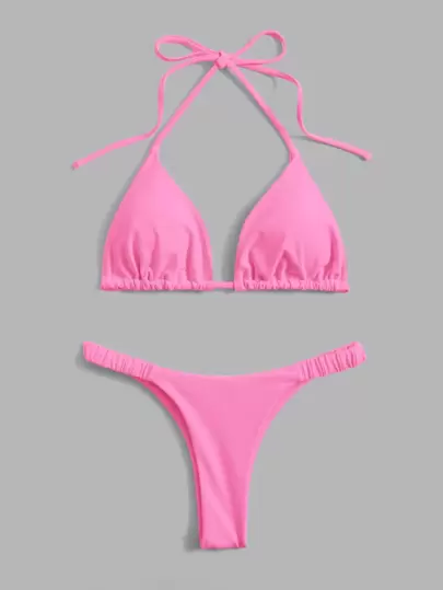 Swim Mod Summer Beach Solid Bikini Set Halter Triangle Bra & Thong 2 Piece Bathing Suit
