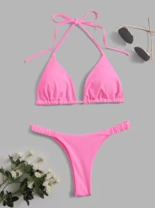 Swim Mod Summer Beach Solid Bikini Set Halter Triangle Bra & Thong 2 Piece Bathing Suit