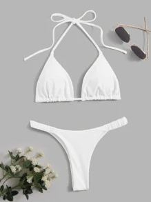 Swim Basics Summer Beach Solid Bikini Set Halter Triangle Bra & Thong 2 Piece Bathing Suit - White - View 5
