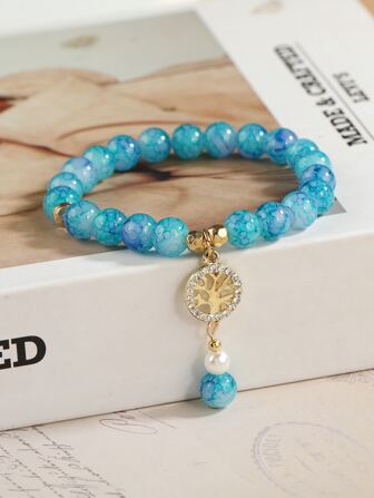 Rhinestone Decor Round Charm Beaded Bracelet Ladies Crystal Bead Bracelet Handmade