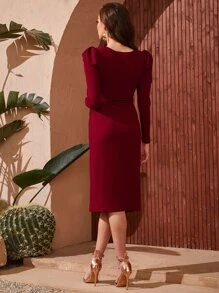 SHEIN Privé 雞心領口褶邊高衩連衣裙 - 酒紅色 - 查看 2