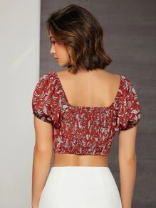 SHEIN VCAY Áo sơ mi nữ Cắt ra Dải chun Thắt nơ trước Paisley Boho - Nhiều màu - Xem 2