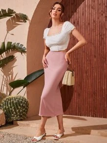 Modelyn 條紋針織木耳邊包臀半身裙 - 藕粉色 - 查看 4