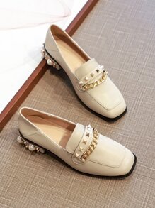 釘釦和鏈條裝飾方頭粗跟樂福鞋 - 杏色 - 查看 1