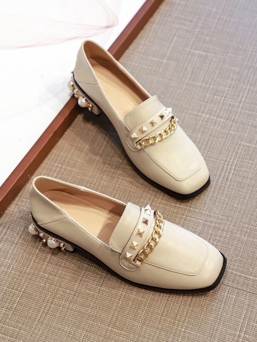 釘釦和鏈條裝飾方頭粗跟樂福鞋 - 杏色 - 查看 1