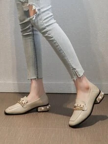 釘釦和鏈條裝飾方頭粗跟樂福鞋 - 杏色 - 查看 4