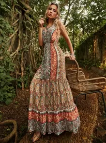 Vestido de tirantes con estampado floral de espalda abierta de hombros con cordón bajo con fruncido - Multicolor - Ver 1