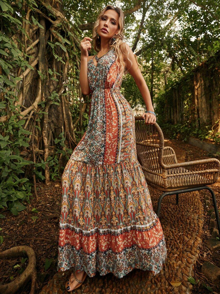Vestido de tirantes con estampado floral de espalda abierta de hombros con cordón bajo con fruncido - Multicolor - Ver 1