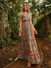 Vestido de tirantes con estampado floral de espalda abierta de hombros con cordón bajo con fruncido - Multicolor - Ver 7