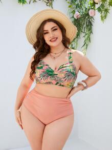 SHEIN Swim Curve Plus Size Tropical Print Underwire Bikini Set Summer Beach - Multicolor - View 1