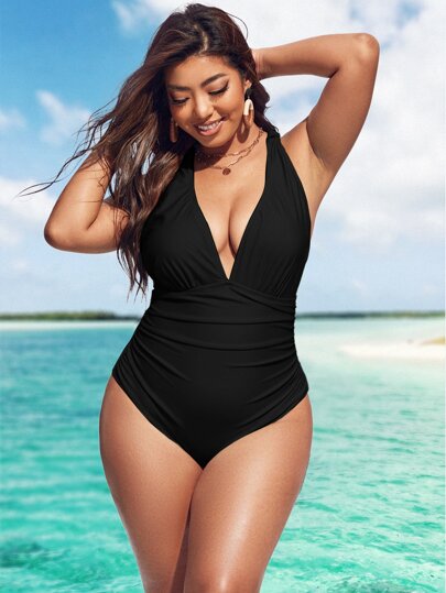 Summer Beach Plus Solid Ruched One Piece Swimsuit