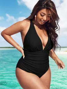 Swim Lushoire Summer Beach Plus Solid Ruched One Piece Swimsuit - Black - View 4