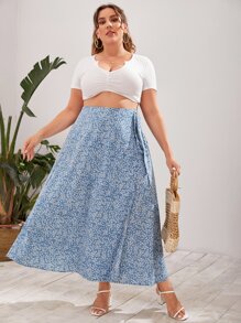 SHEIN VCAY 大碼小碎花側繫帶裹身裙 - 藍白色 - 查看 3