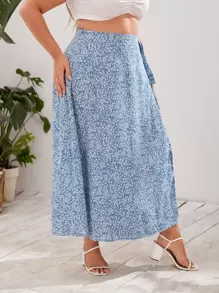SHEIN VCAY 大碼小碎花側繫帶裹身裙 - 藍白色 - 查看 4