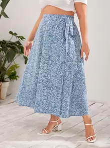 SHEIN VCAY 大碼小碎花側繫帶裹身裙 - 藍白色 - 查看 5