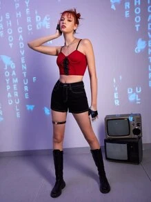 Lace Up Grommet Eyelet Bra - Burgundy - View 4