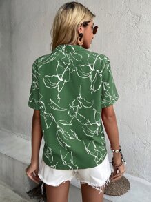 SHEIN LUNE Floral Print Notched Collar Blouse Women Shirt - Green - View 2