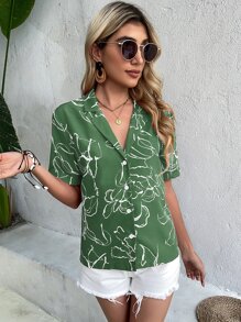 SHEIN LUNE Floral Print Notched Collar Blouse Women Shirt - Green - View 4