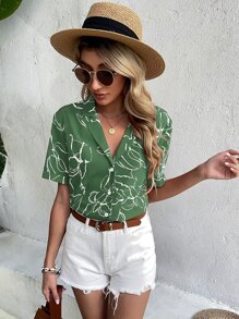 SHEIN LUNE Floral Print Notched Collar Blouse Women Shirt - Green - View 5