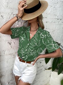 SHEIN LUNE Floral Print Notched Collar Blouse Women Shirt - Green - View 6