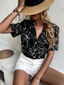 SHEIN LUNE Floral Print Notched Collar Blouse Women Shirt - Black and White - View 1
