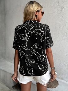 SHEIN LUNE Floral Print Notched Collar Blouse Women Shirt - Black and White - View 2