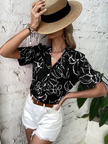 SHEIN LUNE Floral Print Notched Collar Blouse Women Shirt - Black and White - View 6
