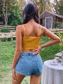 SHEIN VCAY Áo hai dây màu trơn Giải trí - Màu Mù tạt vàng - Xem 2