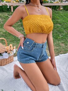 SHEIN VCAY Áo hai dây màu trơn Giải trí - Màu Mù tạt vàng - Xem 4