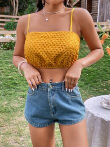 SHEIN VCAY Áo hai dây màu trơn Giải trí - Màu Mù tạt vàng - Xem 5