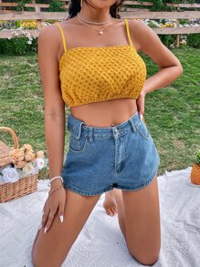 SHEIN VCAY Áo hai dây màu trơn Giải trí - Màu Mù tạt vàng - Xem 6