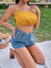 SHEIN VCAY Áo hai dây màu trơn Giải trí - Màu Mù tạt vàng - Xem 7