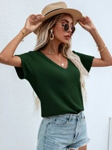 SHEIN LUNE 華夫格編織V領素色T恤 - 墨綠色 - 查看 1