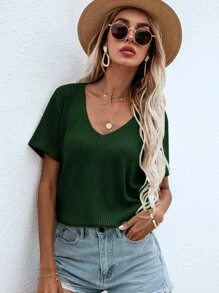 SHEIN LUNE 華夫格編織V領素色T恤 - 墨綠色 - 查看 3