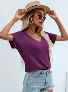 SHEIN LUNE Waffle Knit V Neck Solid Tee - Violet Purple - View 1