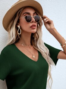 SHEIN LUNE 華夫格編織V領素色T恤 - 墨綠色 - 查看 4