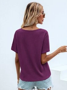 SHEIN LUNE Waffle Knit V Neck Solid Tee - Violet Purple - View 2