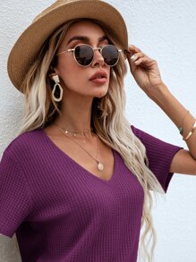 SHEIN LUNE Waffle Knit V Neck Solid Tee - Violet Purple - View 3