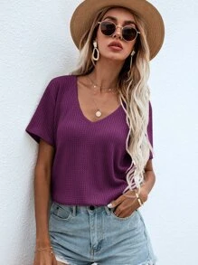 SHEIN LUNE Waffle Knit V Neck Solid Tee - Violet Purple - View 4