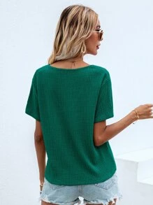 SHEIN LUNE Waffle Knit V Neck Solid Tee - Green - View 2