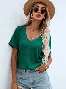 SHEIN LUNE Waffle Knit V Neck Solid Tee - Green - View 3
