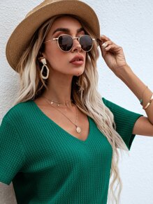 SHEIN LUNE Waffle Knit V Neck Solid Tee - Green - View 4